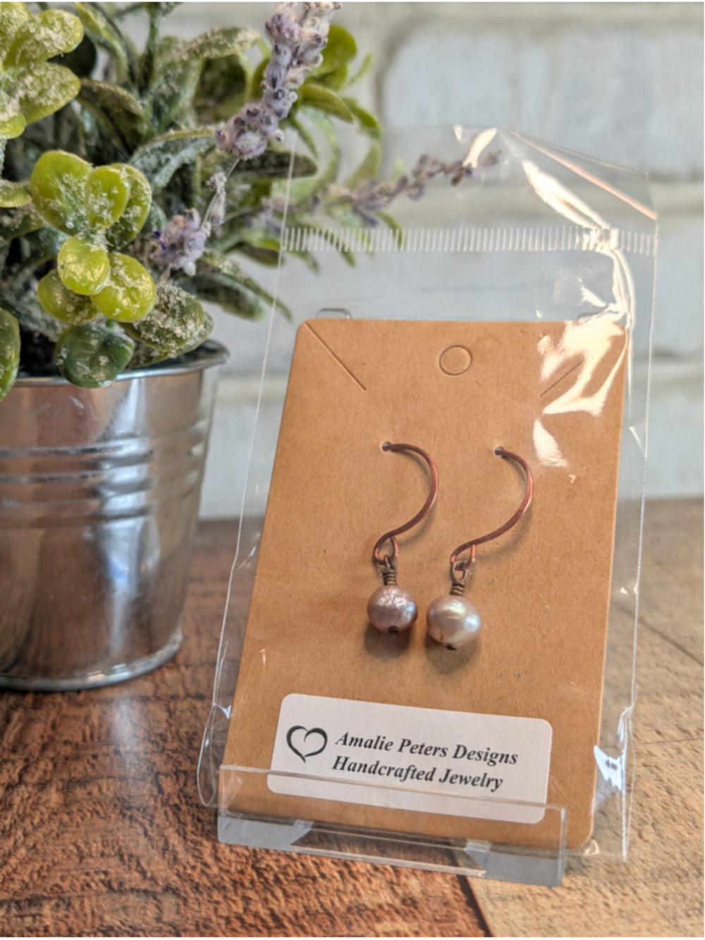 NEW Artisan Copper Hand Wire Wrapped Dainty Drop Pearl Lavender Dangle Earrings - Picture 2 of 6